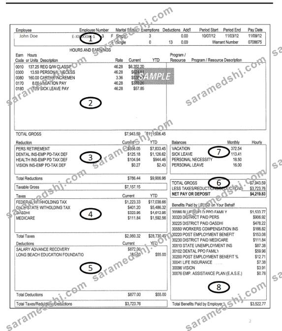 Long Beach Unified School district employee pay stub Word and PDF template